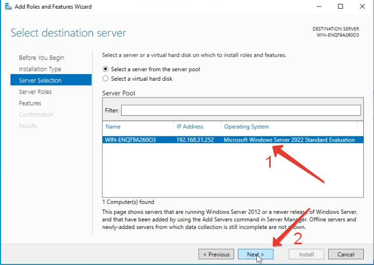 Select the server you want to install roles